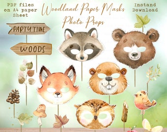 Woodland Photo Booth Props, Woodland Animals Mask, Woodland Photo Booth Accessories, Woodland Party Decor, Woodland Party Supplies Printable