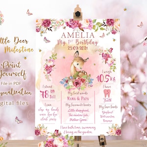 Hirsch Geburtstag Meilensteintafel, Blush Pink 1. Geburtstag Meilenstein, Hirsch Blumenschild, Woodland Girl Party Dekor, Hirsch Party Zubehör zum Ausdrucken