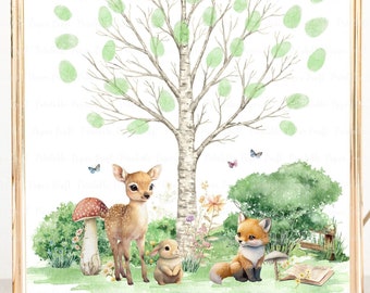 Baby Shower Thumbprint Guestbook, Woodland Fingerprint Sign, Woodland Greenery Baby Shower Decor, Woodland Animals Party Supplies, Digital