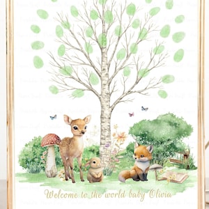 Livre d'or empreinte de pouce pour shower de bébé, signe d'empreinte digitale des bois, décoration de shower de bébé verdure des bois, articles de fête animaux de la forêt, numérique
