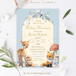 Invito per il baby shower boschivo, forniture per feste nei boschi, invito per la doccia per bambini nei boschi, festa per animali boschivi, decorazioni per feste nei boschi, digitale