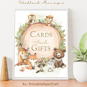 Panneau de cartes et de cadeaux, panneau de faveurs de la forêt, fête prénatale de verdure de la forêt, panneau de fête d'anniversaire d'animaux sauvages de la forêt, panneau de table boisé no3.