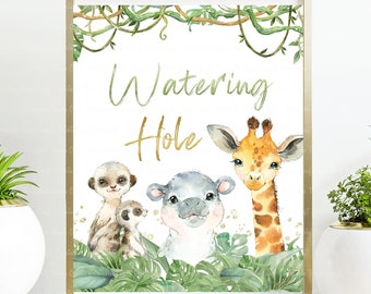 Jungle Baby Shower Table Sign, Safari Baby Shower Decor, Jungle Birthday Party Sign, Wild One Party, Safari Watering Hole Sign No2, Digital
