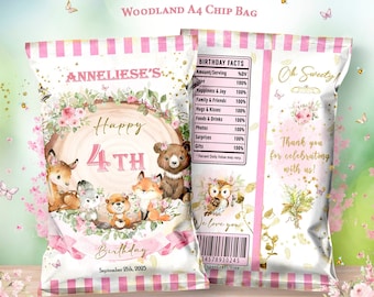 Woodland Girl Birthday Party, Woodland Chip Bag, Blush Pink Birthday, Woodland Baby Shower, Woodland Party Decor, Woodland Party Supplies