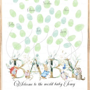 Libro degli ospiti con impronte digitali per baby shower, cartello con impronte digitali di Beatrix Potter, cameretta per bambini Petter Rabbit, decorazioni per feste per baby shower, baby shower per bambine, digitale
