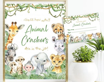 Safari "How Many Animal Crackers" Baby Shower Game, Safari Baby Shower Sign, Safari Animals Party Sign, Jungle Birthday Party Decor, Digital