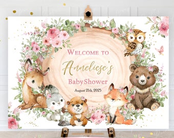 Woodland Baby Shower Sign, Blush Pink Baby Shower Sign, 1st Party Decor, Woodland Girl Baby Shower, Welcome Sign, Party Supplies-A3 Digital