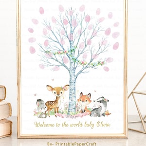 Baby Shower Thumbprint Guestbook Sign, Woodland Fingerprint Sign, Woodland Girl Baby Shower Decor, Woodland Animals Party Supplies Printable