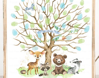 Baby Shower Thumbprint Guest Book, Woodland Fingerprint Sign, Woodland Baby Shower Decor, Woodland Animals Party Supplies, Digital