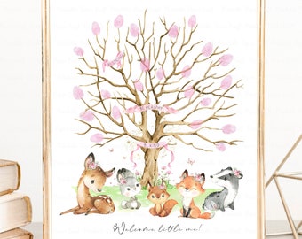 Libro de visitas con huellas dactilares para baby shower de niña, letrero con huellas dactilares de bosque, decoración para baby shower de niña de bosque, suministros imprimibles para fiesta de animales del bosque