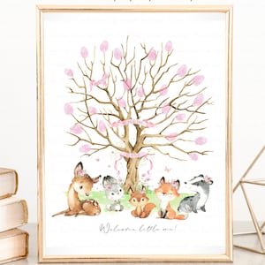 Girl Baby Shower Thumbprint Guestbook, Woodland Fingerprint Sign, Woodland Girl Baby Shower Decor, Woodland Animals Party Supplies Printable