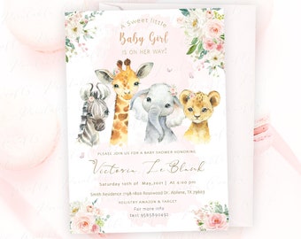 Girl Safari Animal Baby Shower Greenery Invitation, Girl Safari Invitation, Safari Animal Baby Shower, Jungle Decor, Blush Pink Baby Shower