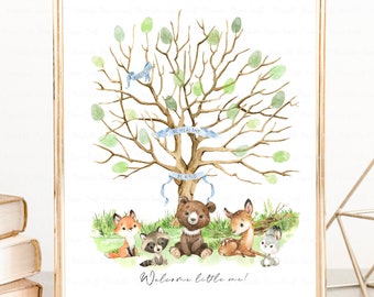Libro de visitas con huellas dactilares para baby shower, letrero con huellas dactilares de bosque, decoración para baby shower con vegetación de bosque, artículos para fiesta con animales del bosque, imprimible