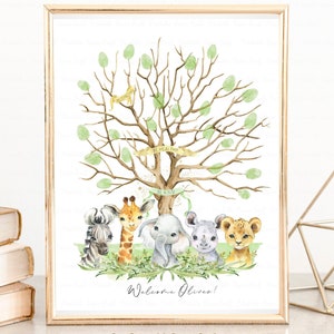 Libro degli ospiti con impronte digitali per baby shower safari, cartello con impronte digitali safari, decorazioni per feste per baby shower nella giungla, articoli per feste per baby shower safari, digitale