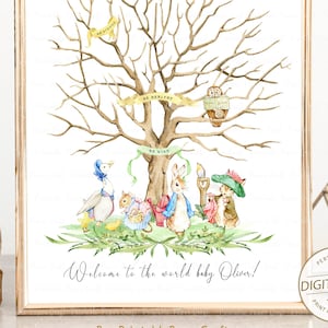 Libro degli ospiti con impronte digitali per baby shower, cartello con impronte digitali di Beatrix Potter, festa con coniglietti, decorazioni per feste di baby shower, forniture per feste di 1° compleanno digitali