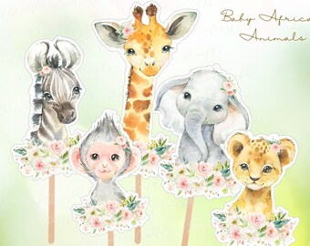 Safari Cupcake Toppers, Wild One, Greenery Jungle Cake Toppers, Party Supplies, Safari Baby Shower, Blush Pink Baby Shower, Instant Download
