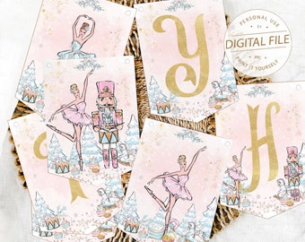 Pode incluir: Banner imprimível com as letras "Y" e "H" em dourado sobre um fundo rosa e branco. O fundo apresenta uma bailarina, um quebra-nozes e uma cena de inverno. O banner é para uso pessoal e é um arquivo digital.