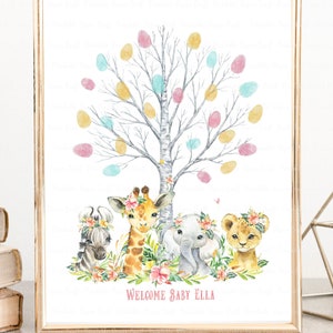 Safari babyshower vingerafdruk gastenboek, safari vingerafdruk teken, safari meisje babyshower decor, jungle babyshower feestartikelen, digitaal