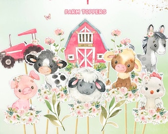 Centros de mesa de granja para niñas, toppers de pastel de granja, decoración de fiesta de cumpleaños de granja rosa, suministros para fiestas de granja, fiesta de corral, baby shower de granja, imprimible