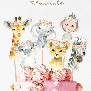 Girl Safari Cupcake Toppers, Jungle Cake Decor, Floral Girl Party Supplies, Blush Pink Baby Shower, 1st birthday, Safari Party Decor Digital