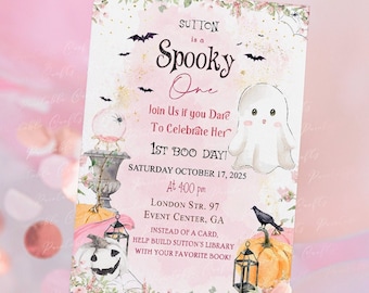 Halloween-Party-Einladung, 1. Geburtstag, rosa Halloween-Partyzubehör, Spooky One Birthday Party, Gespenster-Dekor, A Little Boo Party, Digital