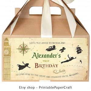 Etiquetas de caja a dos aguas para fiesta de cumpleaños, cumpleaños de Peter Pan, favores de fiesta de 1er cumpleaños, suministros para fiestas de Neverland, decoración de cumpleaños mágica, digital