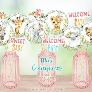 Safari Baby Shower Cake Decor, Safari Animals Centerpieces, Jungle Baby Shower Decor, Girl Safari Animals, Safari Party Supplies, Printable