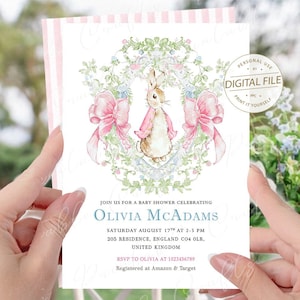 Invito per baby shower ragazza, Invito per baby shower, Forniture per feste Peter Rabbit, Festa di compleanno, 1° compleanno, Decorazioni per feste per baby shower, Digitale