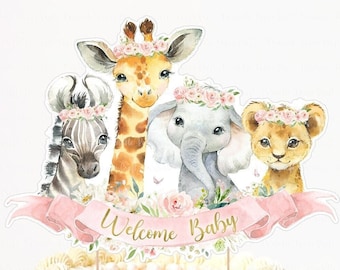 Safari Animals Baby Shower, Girl Safari Animals Cake Topper, Girl Jungle, Safari Animals Party, Girl Baby Shower Party Supplies, Printable