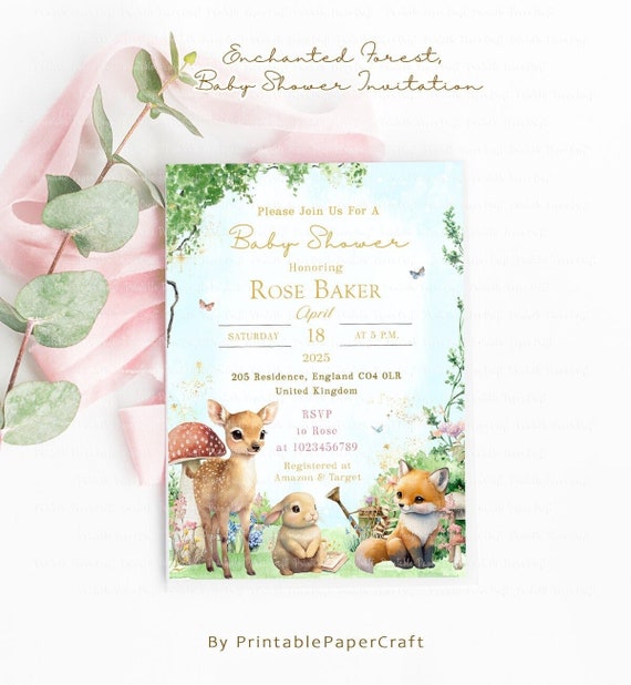 Woodland Baby Shower Invitation, Woodland Party Supplies, Woodland