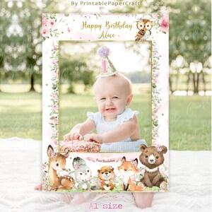 Prop cornice per cabina fotografica nel bosco, puntello per cabina fotografica per baby shower nel bosco, decorazioni per feste con animali del bosco, cartello stampabile per forniture per feste nel bosco