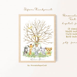 Puede incluir: Un libro de visitas imprimible con un &aacute;rbol de huellas dactilares de animales de safari en un marco de madera claro. El &aacute;rbol tiene ramas con hojas y una pancarta que dice "&iexcl;Bienvenido Oliver!" Los animales incluyen una cebra, una jirafa, un elefante, un rinoceronte y un le&oacute;n. El libro de visitas est&aacute; disponible en tres tama&ntilde;os: 40x50 cm, 28x35 cm y 20x25 cm. El archivo est&aacute; en formato PDF.