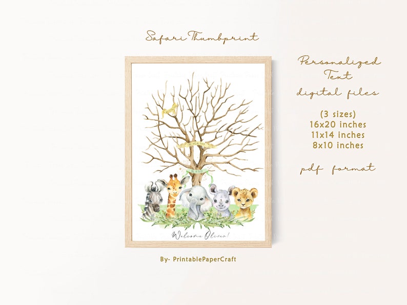 Puede incluir: Un libro de visitas imprimible con un &aacute;rbol de huellas dactilares de animales de safari en un marco de madera claro. El &aacute;rbol tiene ramas con hojas y una pancarta que dice "&iexcl;Bienvenido Oliver!" Los animales incluyen una cebra, una jirafa, un elefante, un rinoceronte y un le&oacute;n. El libro de visitas est&aacute; disponible en tres tama&ntilde;os: 40x50 cm, 28x35 cm y 20x25 cm. El archivo est&aacute; en formato PDF.