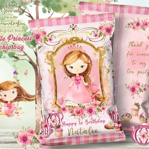 Forniture per feste di compleanno della principessa, borsa con chip della principessa, decorazione per feste di compleanno reali, bomboniere per feste della principessa, tea party della principessa reale, stampabile