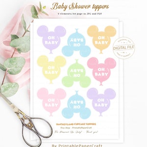 May include: Nine pastel-colored cupcake toppers featuring a Mickey Mouse silhouette with a balloon and the text "Oh Baby" or "Baby Ho". The toppers are designed for personal use and are available in JPG and PDF formats.