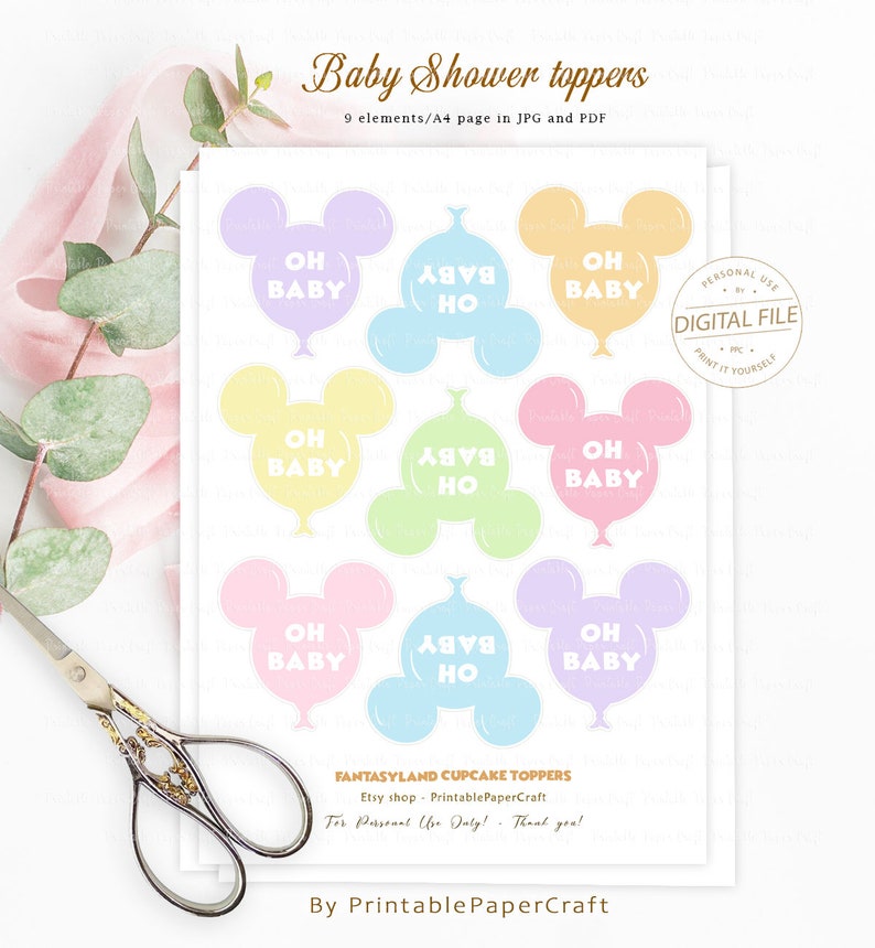 May include: Nine pastel-colored cupcake toppers featuring a Mickey Mouse silhouette with a balloon and the text "Oh Baby" or "Baby Ho". The toppers are designed for personal use and are available in JPG and PDF formats.