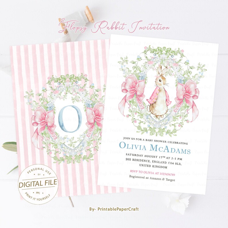 May include: A pink and blue baby shower invitation featuring a floral wreath and a bunny rabbit wearing a pink dress. The invitation reads "Join us for a baby shower celebrating Olivia McAdams" and includes the date, time, and location. RSVP details are also provided.