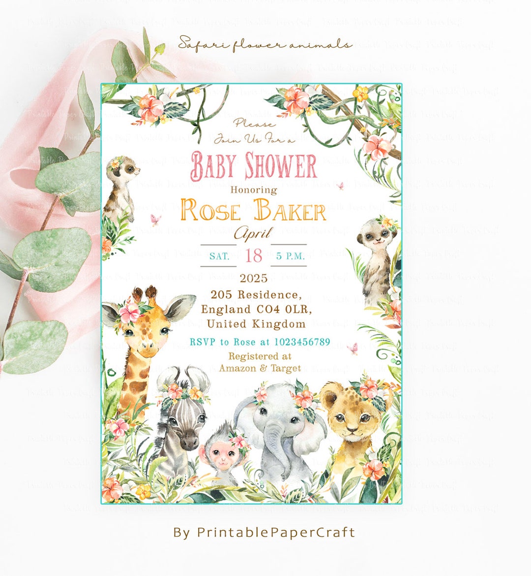 Safari Girl Baby Shower, Safari Animals Invitation, Safari Baby Shower ...