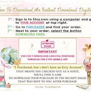 May include: A pink and white illustrated guide with a giraffe and a globe, explaining how to download a digital file from Etsy. The text reads "How To Download An Instant Download Digital File" and includes instructions for downloading files from Etsy.com. The text also states "You can't download a digital purchase through the Etsy mobile app."