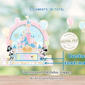 May include: A printable cake topper featuring a pink and blue castle with Mickey Mouse and Minnie Mouse characters. The topper includes the text "Fantasyland" and "Amelia's Happiest 3rd Birthday".