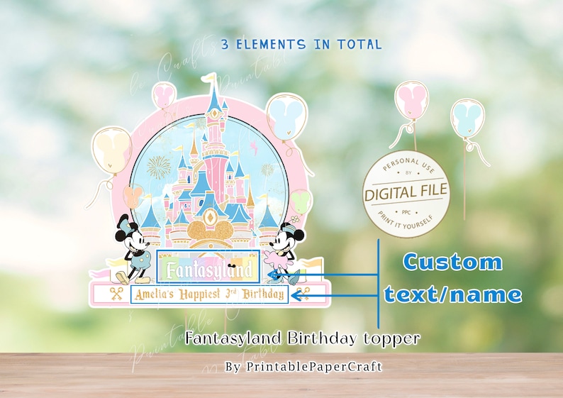 May include: A printable cake topper featuring a pink and blue castle with Mickey Mouse and Minnie Mouse characters. The topper includes the text "Fantasyland" and "Amelia's Happiest 3rd Birthday".