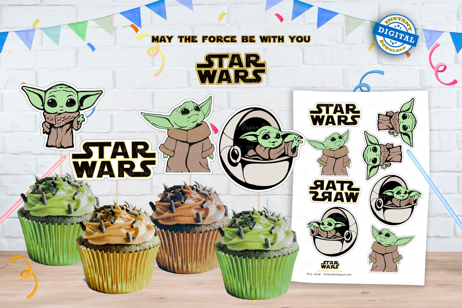 Baby Yoda Cupcake Toppers Star Wars Birthday Party Yoda Baby Etsy
