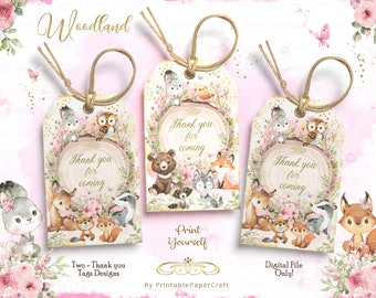 Woodland Girl Party Supplies, Pink Woodland Favor Tags, Woodland Girl Baby Shower, Woodland Girl Birthday Party Decor, Printable Party Favor