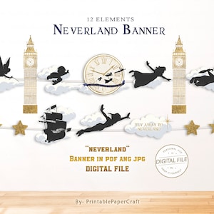 Könnte beinhalten: Ein druckbarer Banner mit 12 Elementen aus der Peter Pan Geschichte. Der Banner enthält eine Uhr, Sterne, ein Schiff, Peter Pan im Flug, Tinkerbell, Captain Hook und Big Ben. Der Banner ist mit "Neverland Banner" betitelt und sagt "Fly Away to Neverland".