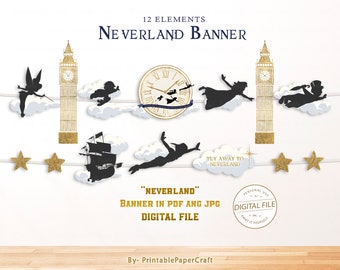 Peter Pan Party Banner, Neverland Party Decor, 1st Birthday, Baby Shower Party Decor, Peter Pan Party Supplies, Never Grow Up Banner Digital