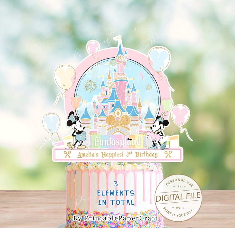 May include: A pink and blue cake topper featuring a cartoon image of Mickey and Minnie Mouse in front of a pink and blue castle with fireworks. The text "Fantasyland" and "Amelia's Happiest 3rd Birthday" is printed on the topper.