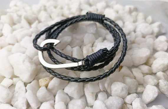 Black Leather Bracelet with Silver Fish Hook for Men Women Braided Multi Wrap