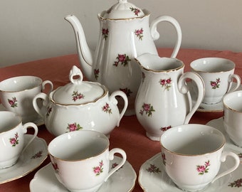 Rosa rosor kaffeservis - Haas & Czjzek Tjeckoslovakien - Vintage porslin espressokanna och koppar