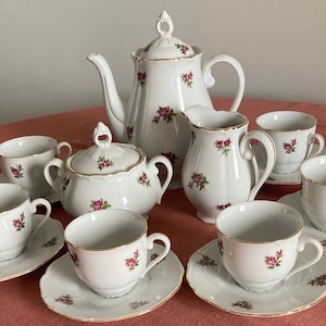 Pink Roses Coffee Set-Haas & Czjzek Czechoslovakia-Vintage Porcelain Espresso Coffee Pot and Cups