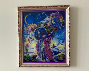 Aquarius Bead Embroidery Art, Framed Zodiac Wall Decor